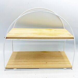 Two Tier Countertop Shelf Small Natural Wood White Arched Metal Frame